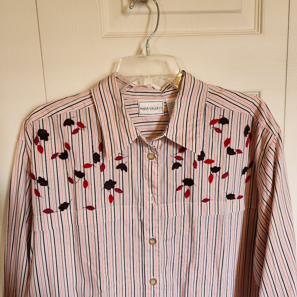 Fall Striped Blouse with Leaf Trim by Napa Valley